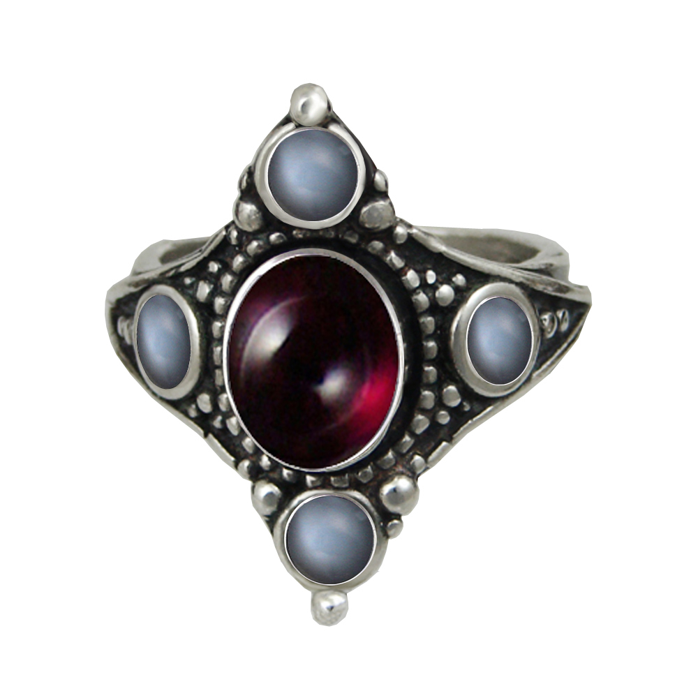 Sterling Silver Renaissance Queen's Ring With Garnet And Grey Moonstone Size 10